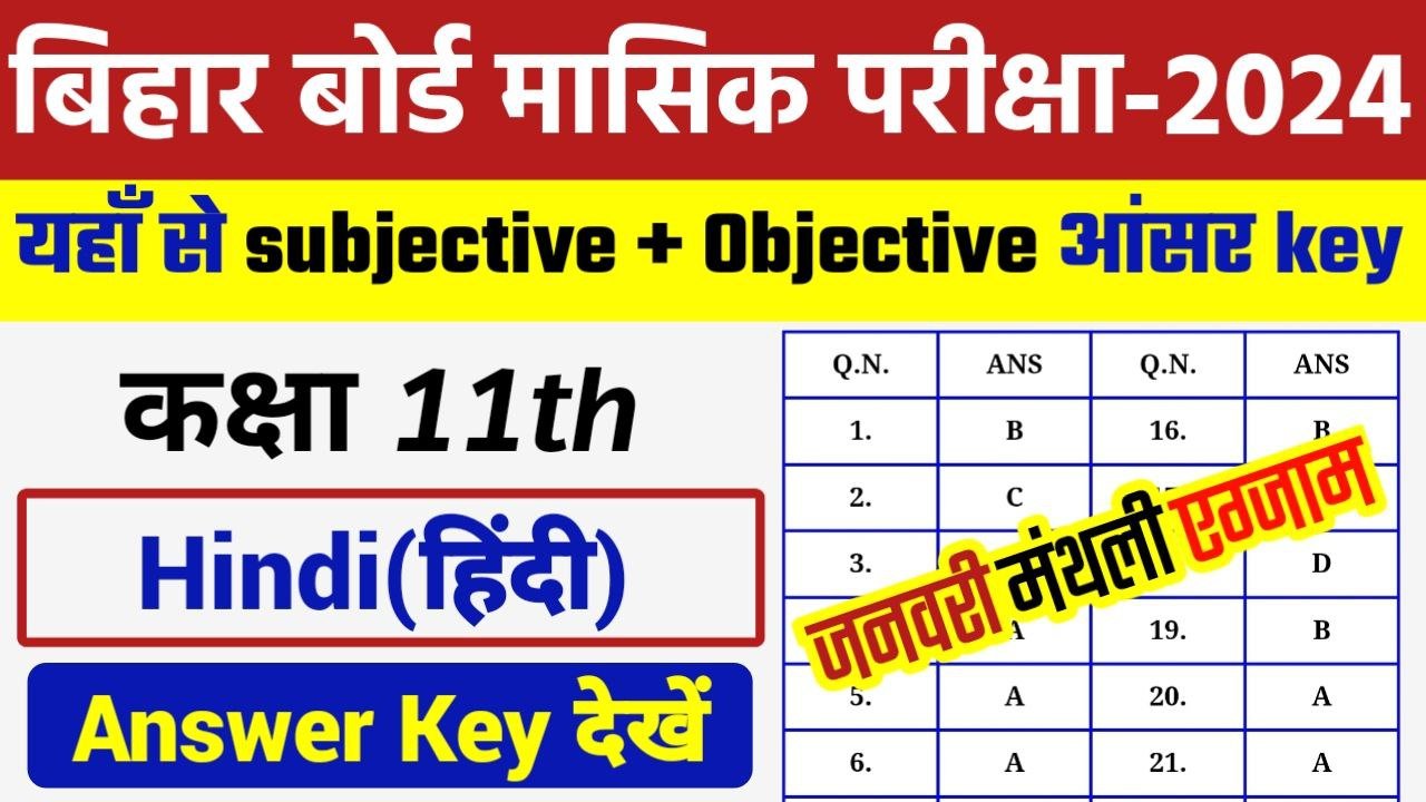 Bihar Board 11th Hindi January Monthly Exam 2024 Answer Key यहाँ से