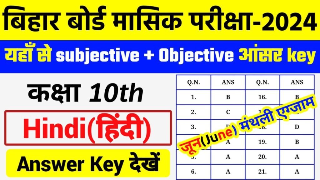 Bihar Board 10th Hindi June Monthly Exam 2024 Answer Key