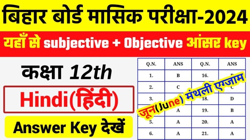 Bihar Board 12th Hindi June Monthly Exam 2024 Answer Key