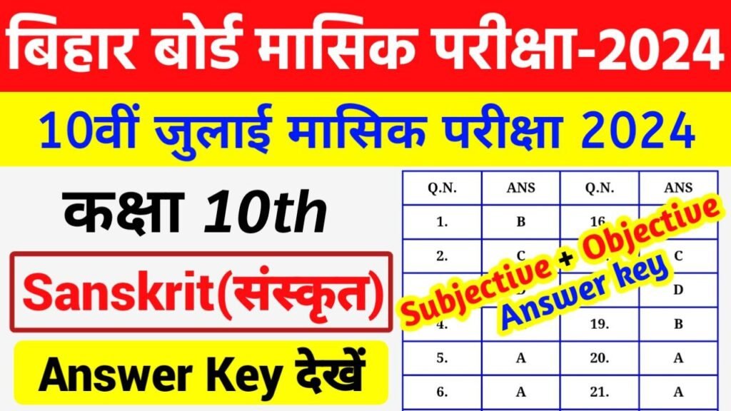 Bihar Board 10th Sanskrit July Monthly Exam 2024 Answer Key