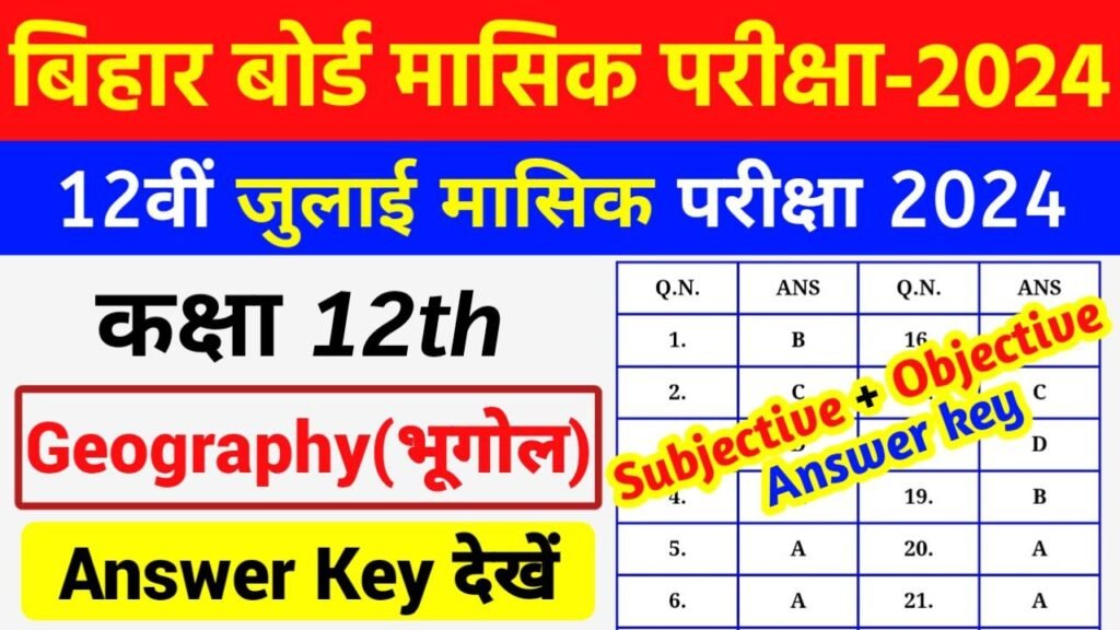 Bihar Board 12th Geography july Monthly Exam Answer Key 2024