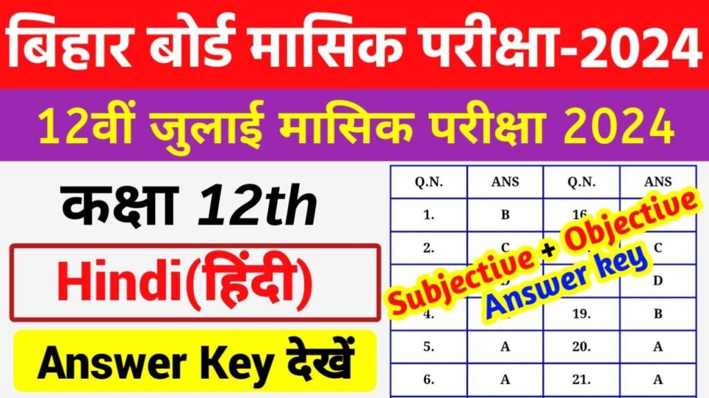 Bihar Board 12th Hindi july Monthly Exam Answer Key 2024