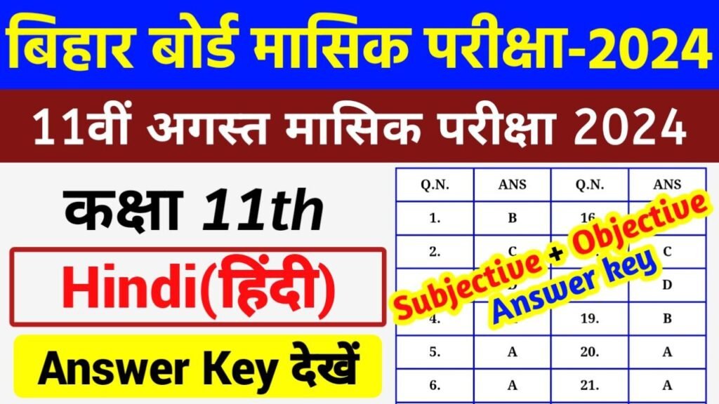 Bihar Board 11th Hindi August Monthly Exam 2024 Answer Key