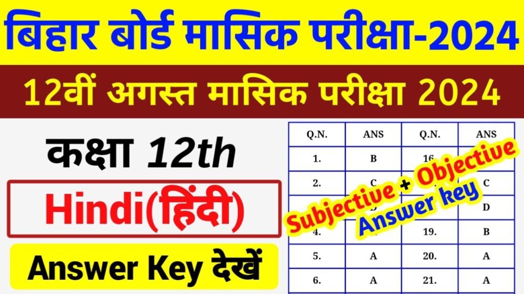 Bihar Board 12th Hindi August Monthly Exam Answer Key 2024