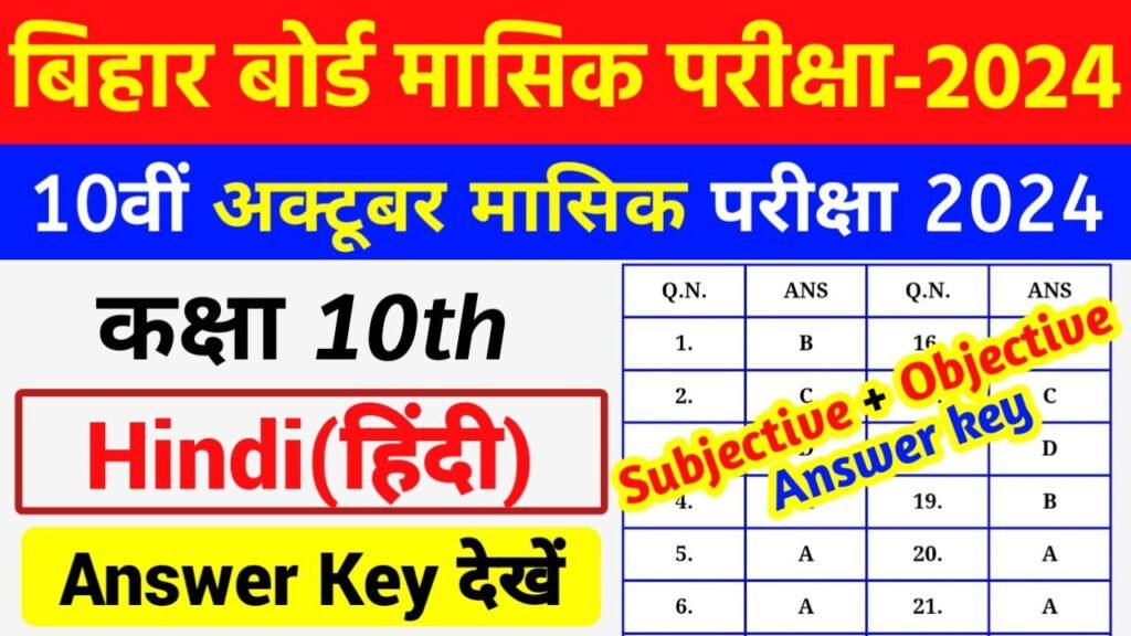 Bihar Board 10th Hindi October Monthly Exam 2024 Answer Key