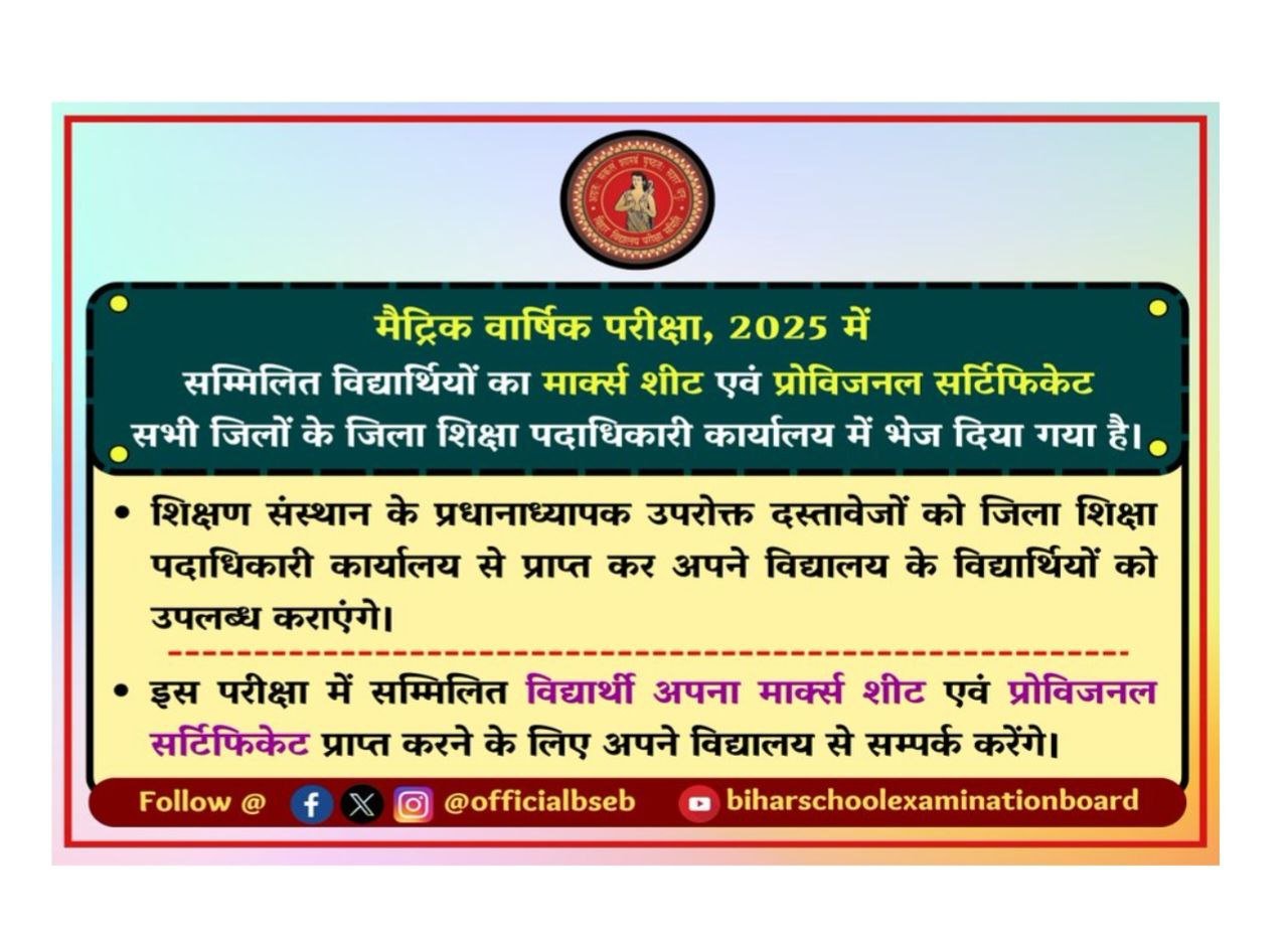 Bihar Board 10th Marksheet 2025 Download